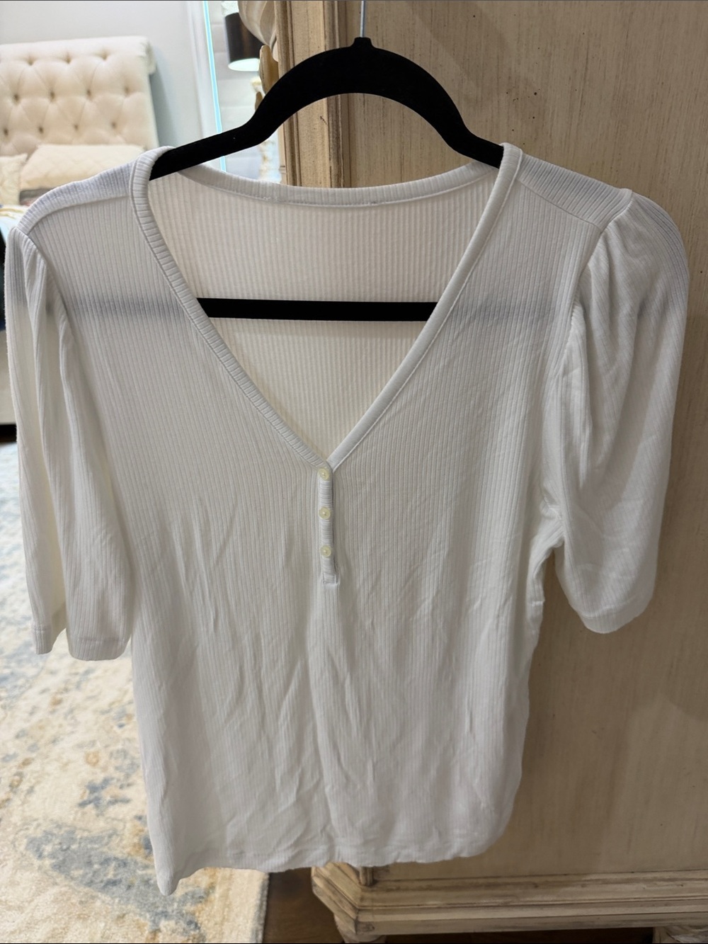 LOFT White Ribbed V-Neck Puff Sleeve Henley Tee